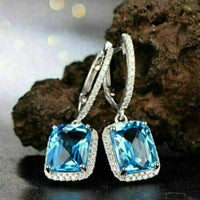 4.00 CT Emerald Cut Blue Topaz Halo Engagement Dangle Earrings In 925 Sterling Silver