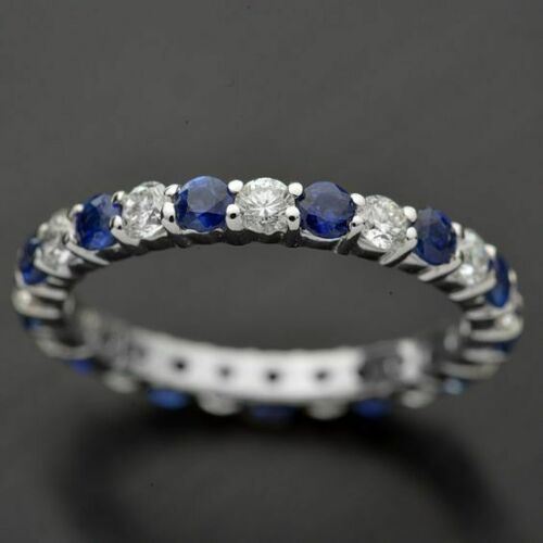 1.50 CT Round Cut Blue Sapphire & Diamond 925 Sterling Silver Full Eternity Band Ring