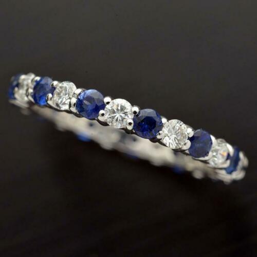 1.50 CT Round Cut Blue Sapphire & Diamond 925 Sterling Silver Full Eternity Band Ring