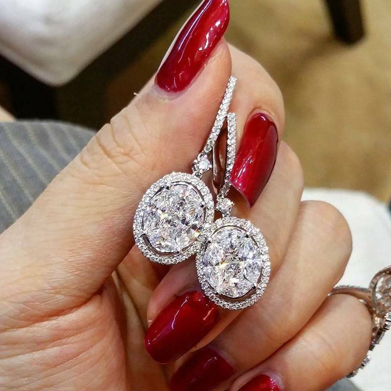 3.25 Ct Oval Cut Diamond 925 Sterling Silver Halo Engagement Wedding Dangle Earrings