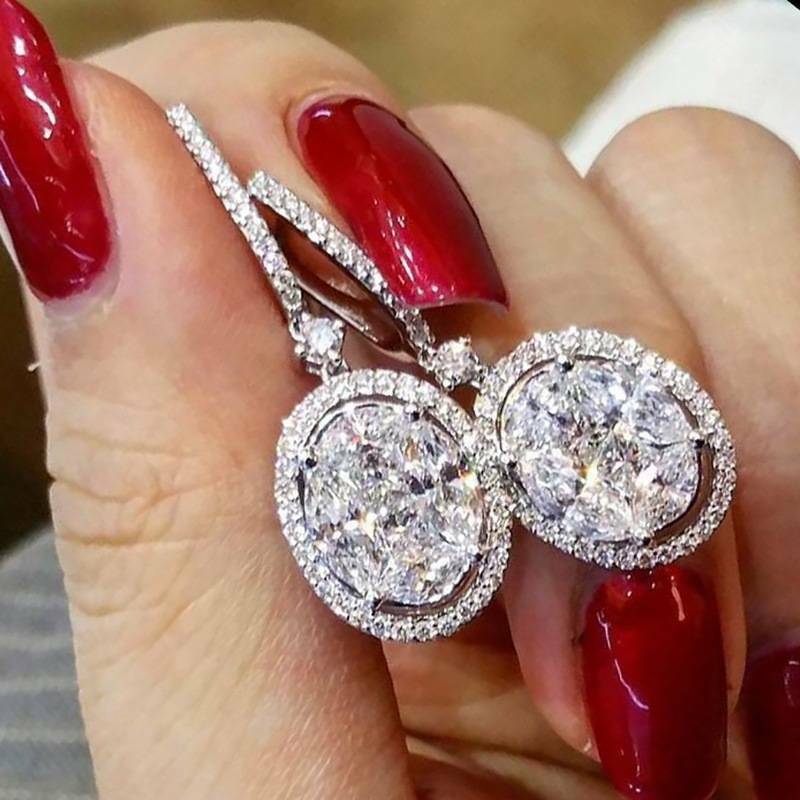 3.25 Ct Oval Cut Diamond 925 Sterling Silver Halo Engagement Wedding Dangle Earrings