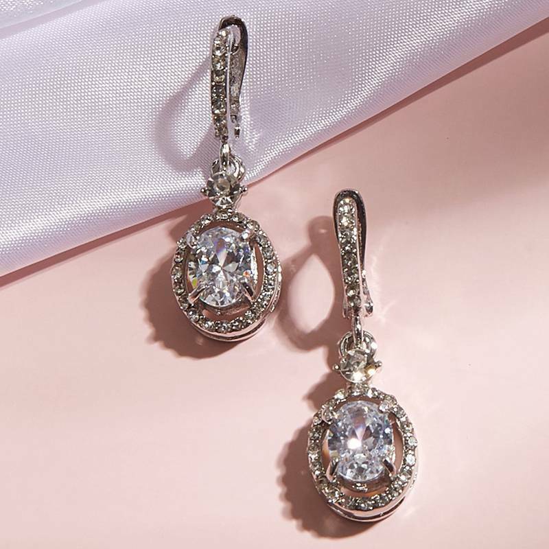3.25 Ct Oval Cut Diamond 925 Sterling Silver Halo Engagement Wedding Dangle Earrings