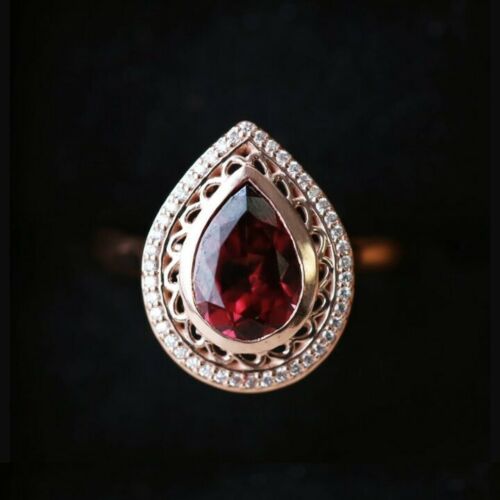 1.20 Ct Pear Cut Red Garnet Rose Gold Over On 925 Sterling Silver Anniversary Gift Ring For Her