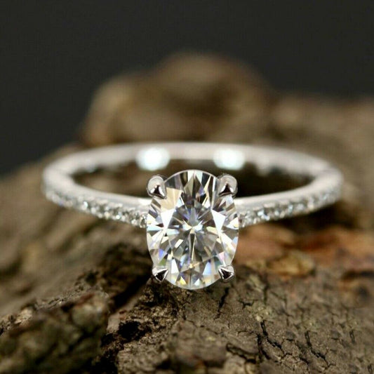 2.00 Ct Oval Cut Diamond 14k White Gold Over On 925 Sterling Silver Solitaire W/Accents Engagement Ring