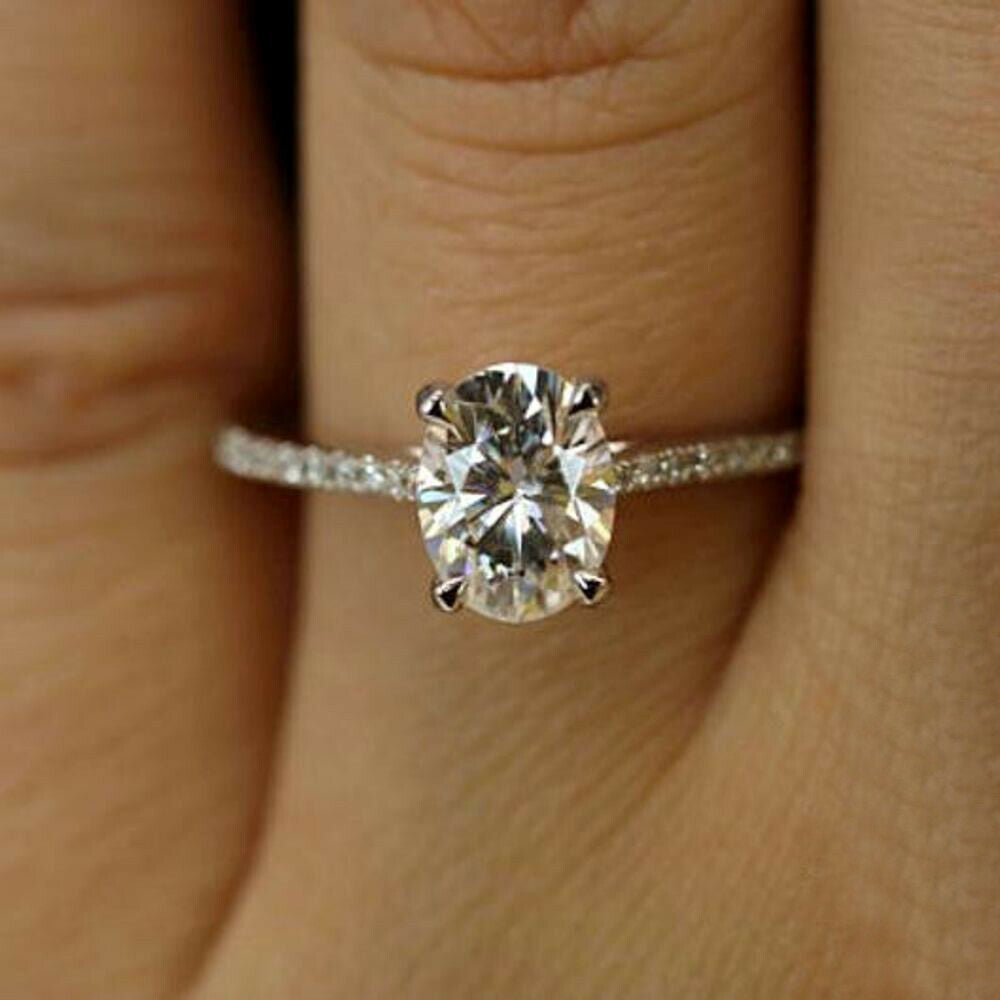 2.00 Ct Oval Cut Diamond 14k White Gold Over On 925 Sterling Silver Solitaire W/Accents Engagement Ring