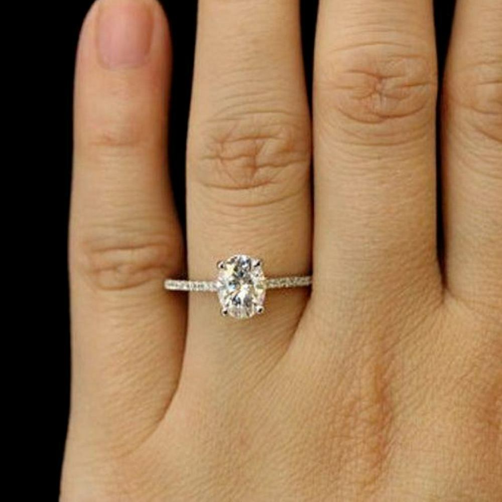 2.00 Ct Oval Cut Diamond 14k White Gold Over On 925 Sterling Silver Solitaire W/Accents Engagement Ring