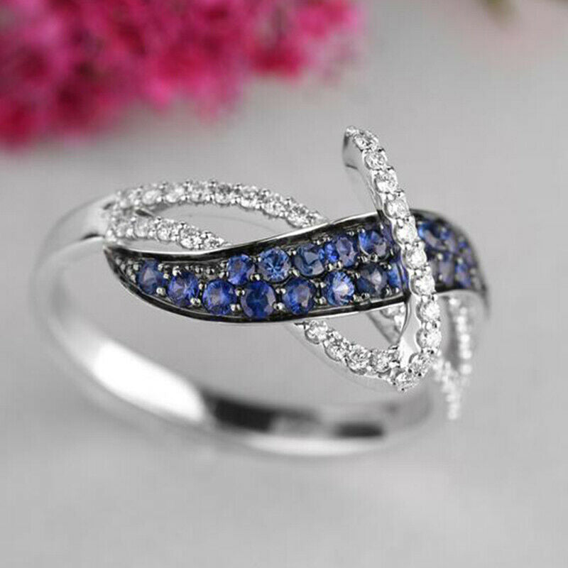 0.75 CT Round Cut Blue Sapphire & Diamond 925 Sterling Silver Elegant Anniversary Gift Ring For Her