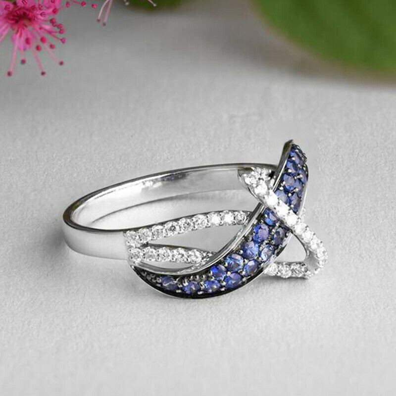 0.75 CT Round Cut Blue Sapphire & Diamond 925 Sterling Silver Elegant Anniversary Gift Ring For Her