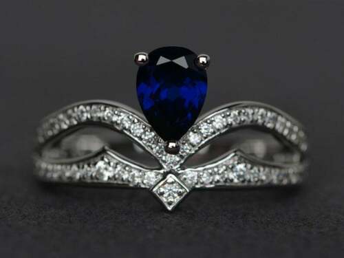 1.25 Ct Pear Cut Blue Sapphire 925 Sterling Silver Solitaire Princess Crown Ring