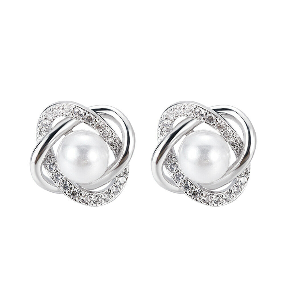 0.30 Ct Round Cut White Diamond & White Pearl 925 Sterling Silver Stud Earrings