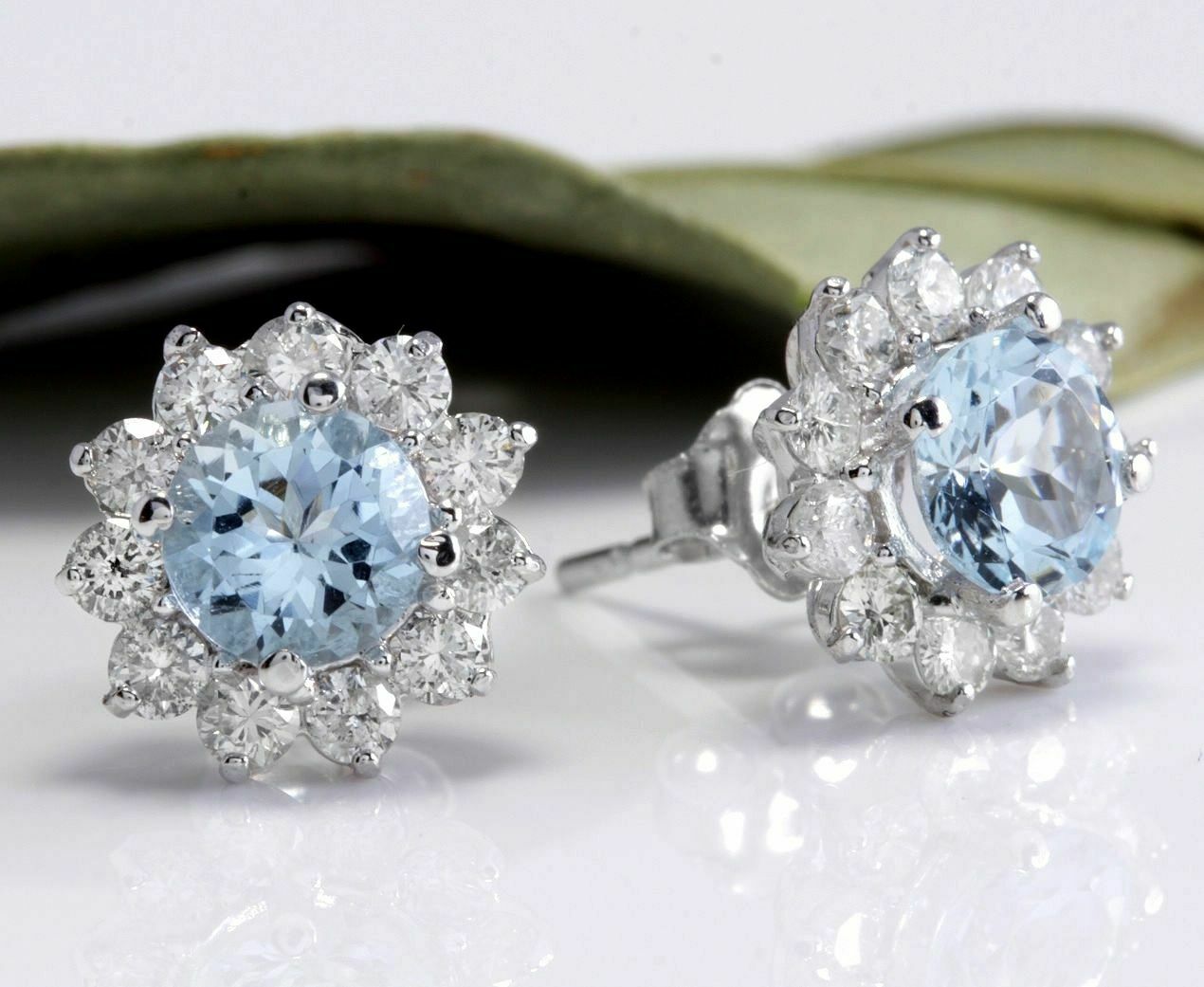 2.50 CT Round Cut Aquamarine Diamond 925 Sterling Silver Halo Wedding Stud Earring
