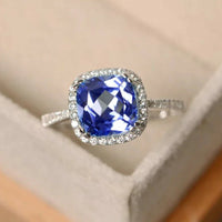 2.25 Ct Cushion Cut Blue Tanzanite Halo Anniversary Ring In 925 Sterling Silver