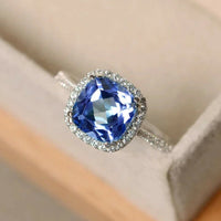 2.25 Ct Cushion Cut Blue Tanzanite Halo Anniversary Ring In 925 Sterling Silver