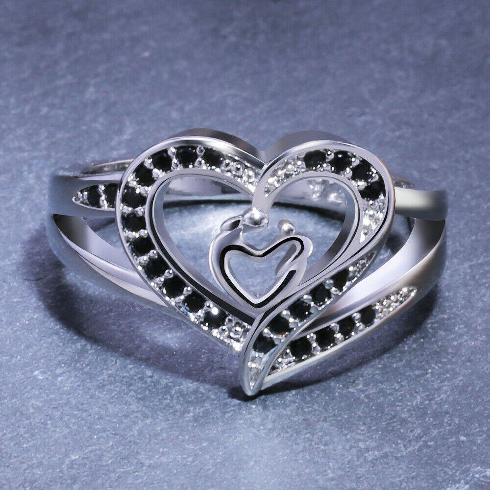 925 Sterling Silver 0.50 Ct Black & White Diamond Mother & Child Heart Shape Ring