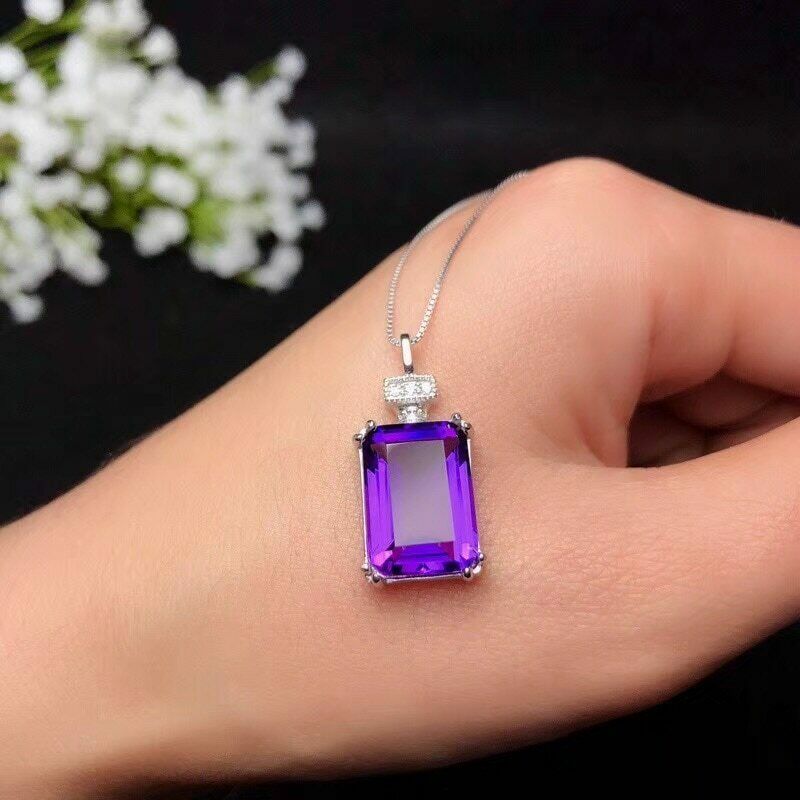 14K Yellow Gold Emerald Cut Amethyst Necklace with Diamond | The Little  Jewel