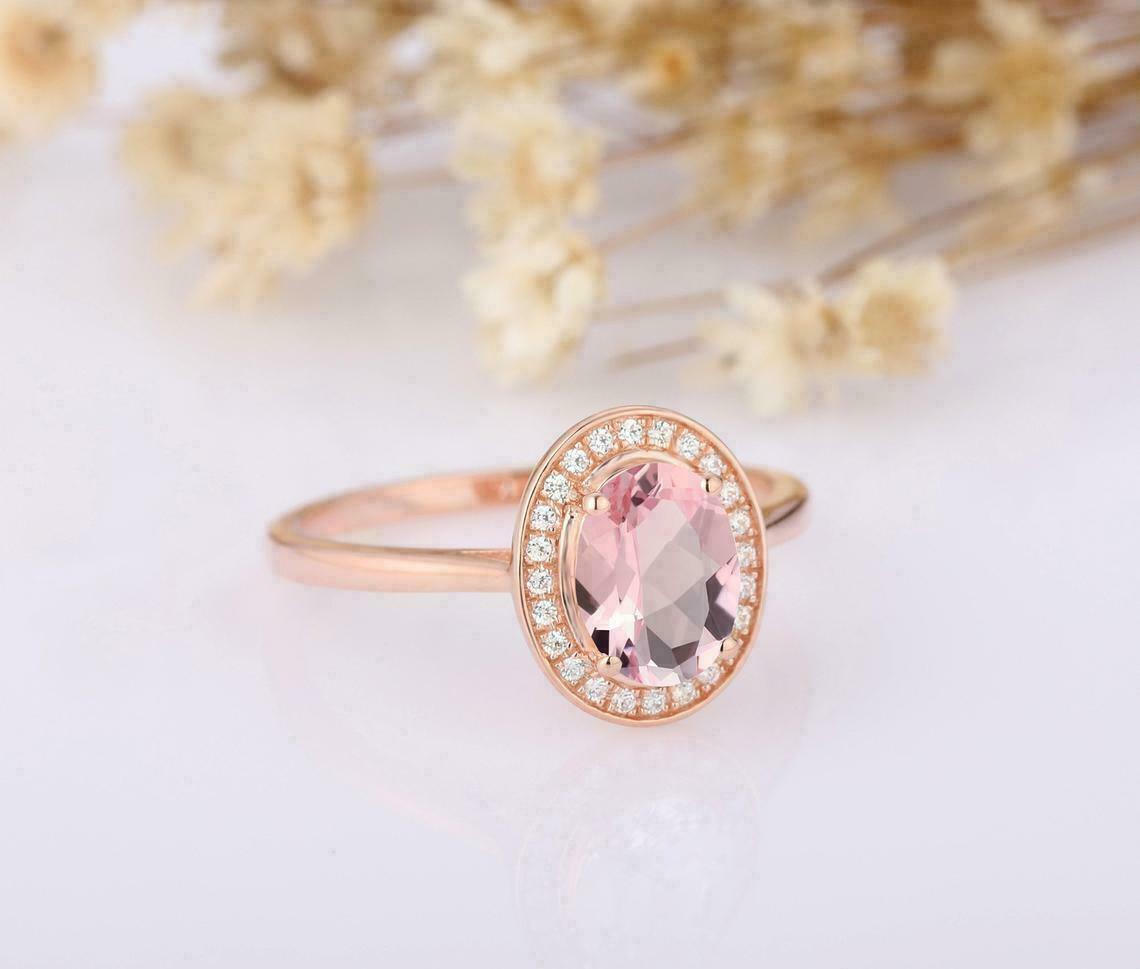 2.25 Ct Oval Cut Pink Morganite Rose Gold Over On 925 Sterling Silver Halo Engagement Ring