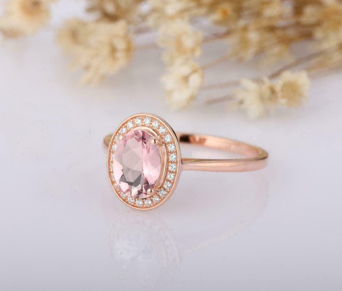 2.25 Ct Oval Cut Pink Morganite Rose Gold Over On 925 Sterling Silver Halo Engagement Ring