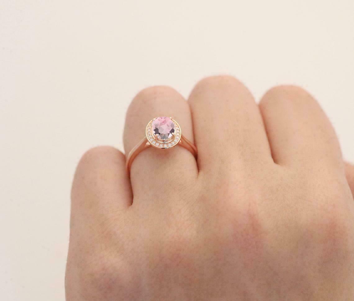 2.25 Ct Oval Cut Pink Morganite Rose Gold Over On 925 Sterling Silver Halo Engagement Ring