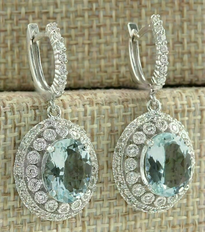 3 CT Oval Cut Aquamarine Diamond 925 Sterling Silver Pretty Halo Dangle Earrings