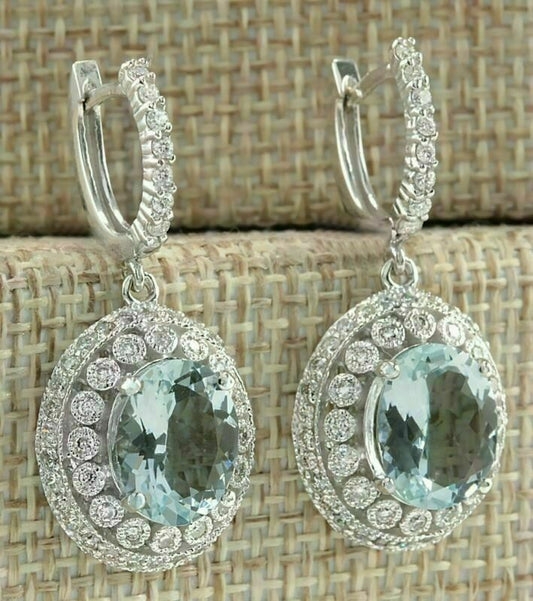 3 CT Oval Cut Aquamarine Diamond 925 Sterling Silver Pretty Halo Dangle Earrings