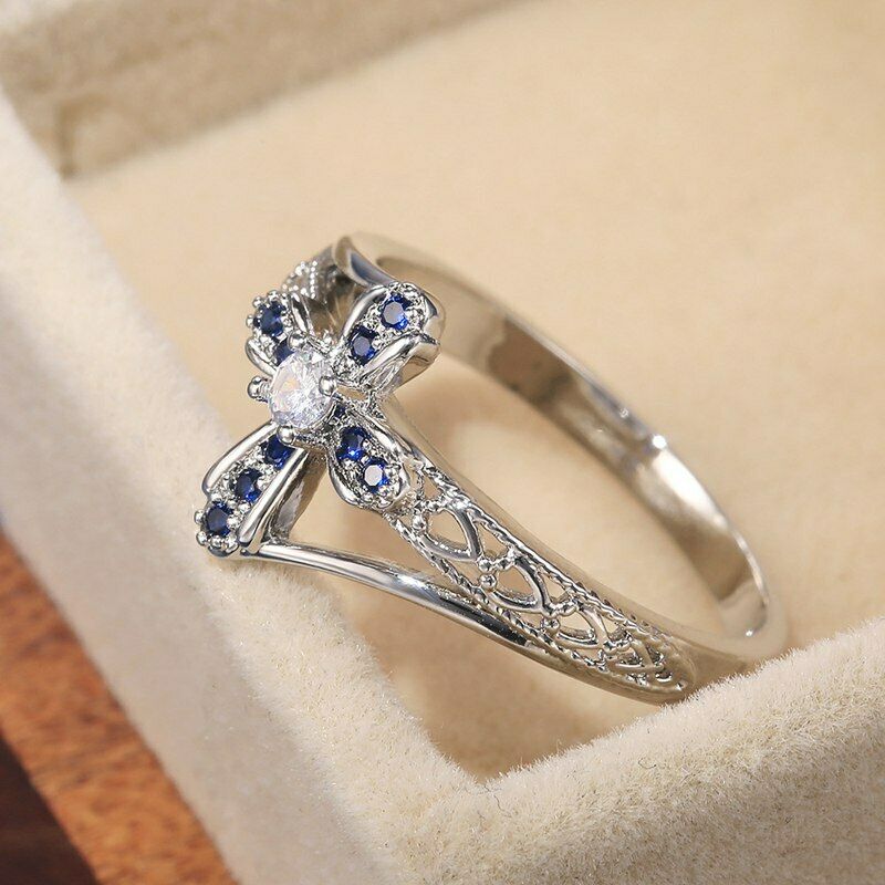 0.50 Ct Round Cut Blue Sapphire & White Diamond 925 Sterling Silver Cross Ring