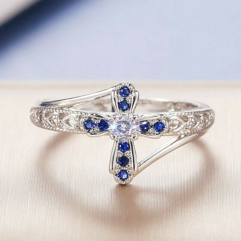 0.50 Ct Round Cut Blue Sapphire & White Diamond 925 Sterling Silver Cross Ring