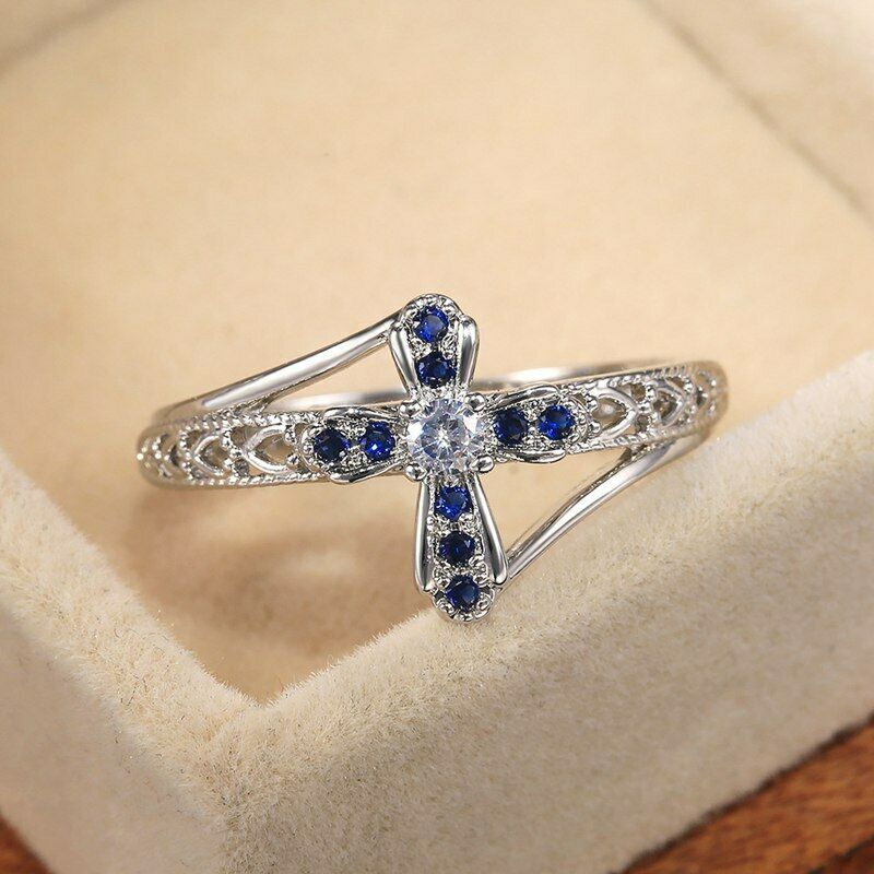 0.50 Ct Round Cut Blue Sapphire & White Diamond 925 Sterling Silver Cross Ring
