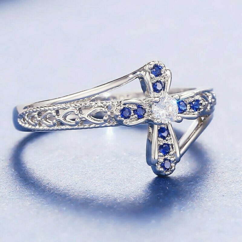 0.50 Ct Round Cut Blue Sapphire & White Diamond 925 Sterling Silver Cross Ring