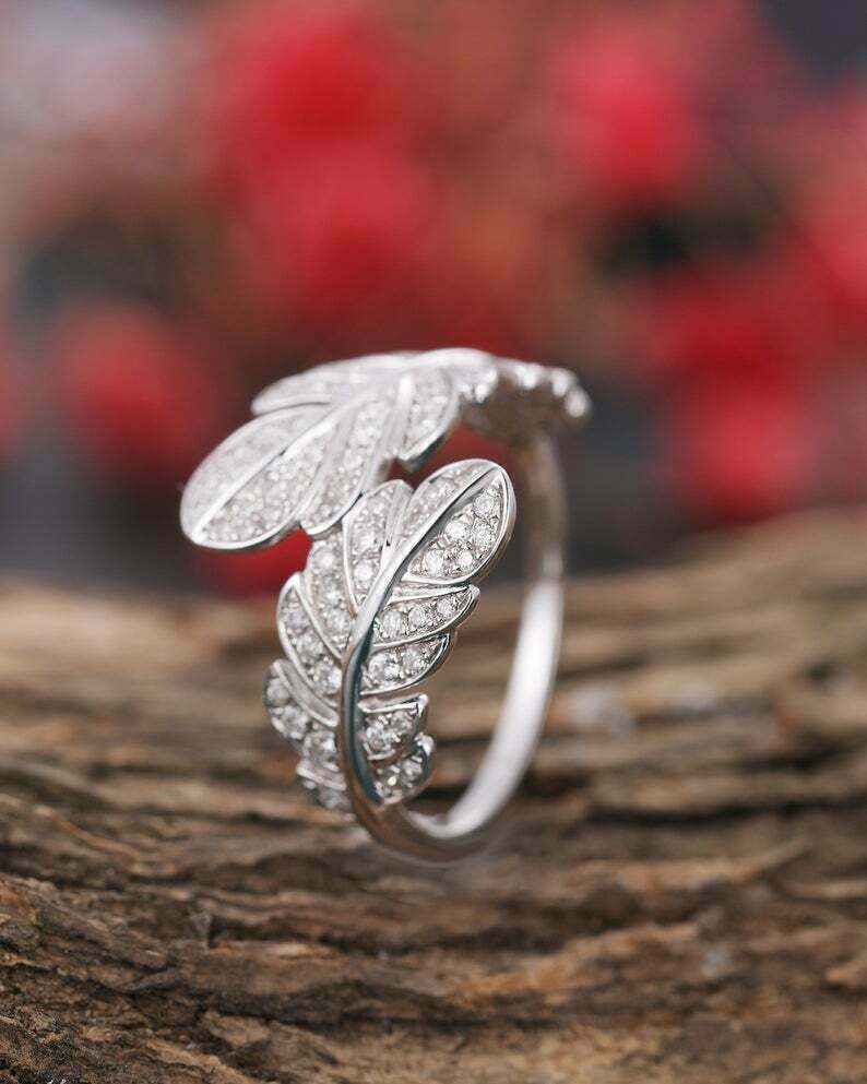 0.30 CT Round Cut Diamond Bypass Stylish Leaf 925 Sterling Silver Promise Ring