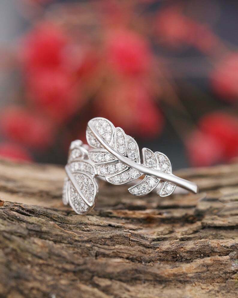 0.30 CT Round Cut Diamond Bypass Stylish Leaf 925 Sterling Silver Promise Ring