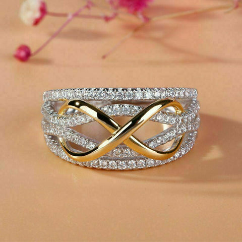 0.75 Ct Round Cut Diamond 14K Yellow & White Gold Over On 925 Silver Infinity Band Ring For Her