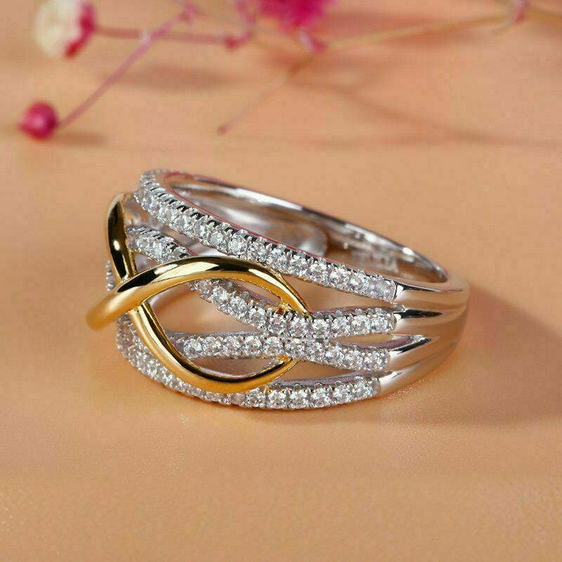 0.75 Ct Round Cut Diamond 14K Yellow & White Gold Over On 925 Silver Infinity Band Ring For Her