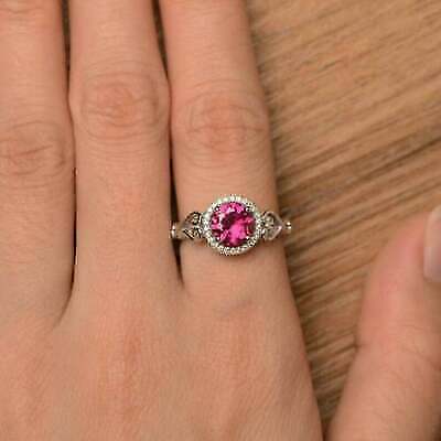 1.65 Ct Round Cut Pink Ruby 14K White Gold Over On 925 Silver Halo Anniversary Ring For Her