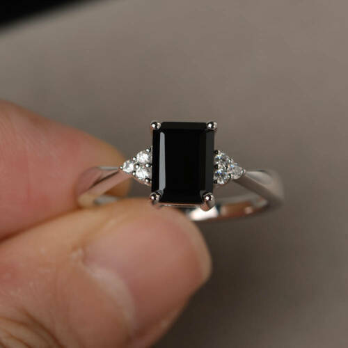2.25 Ct Emerald Cut Black Diamond 925 Sterling Silver Solitaire W/Accents Anniversary Gift Ring