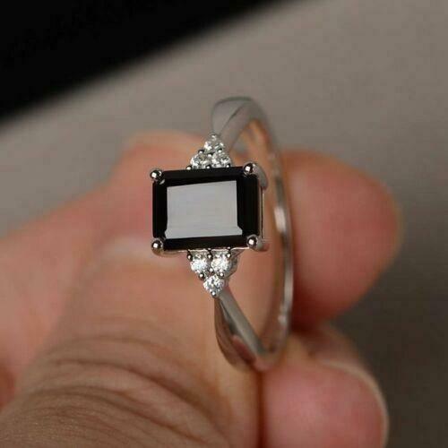 2.25 Ct Emerald Cut Black Diamond 925 Sterling Silver Solitaire W/Accents Anniversary Gift Ring