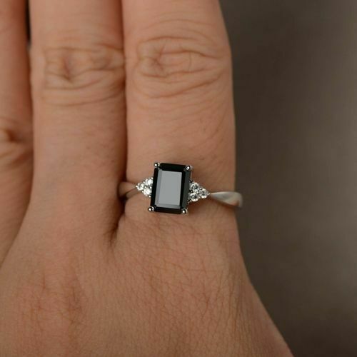 2.25 Ct Emerald Cut Black Diamond 925 Sterling Silver Solitaire W/Accents Anniversary Gift Ring