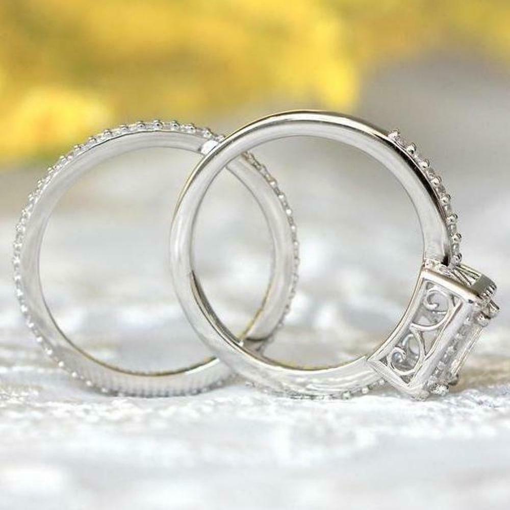 2.00 CT Emerald Cut Diamond 925 Sterling Silver Engagement Wedding Bridal Ring Set
