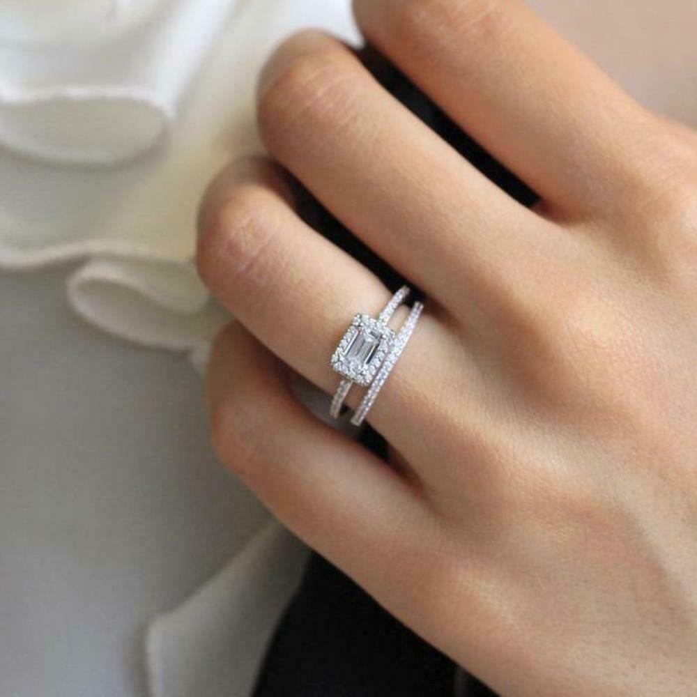 2.00 CT Emerald Cut Diamond 925 Sterling Silver Engagement Wedding Bridal Ring Set