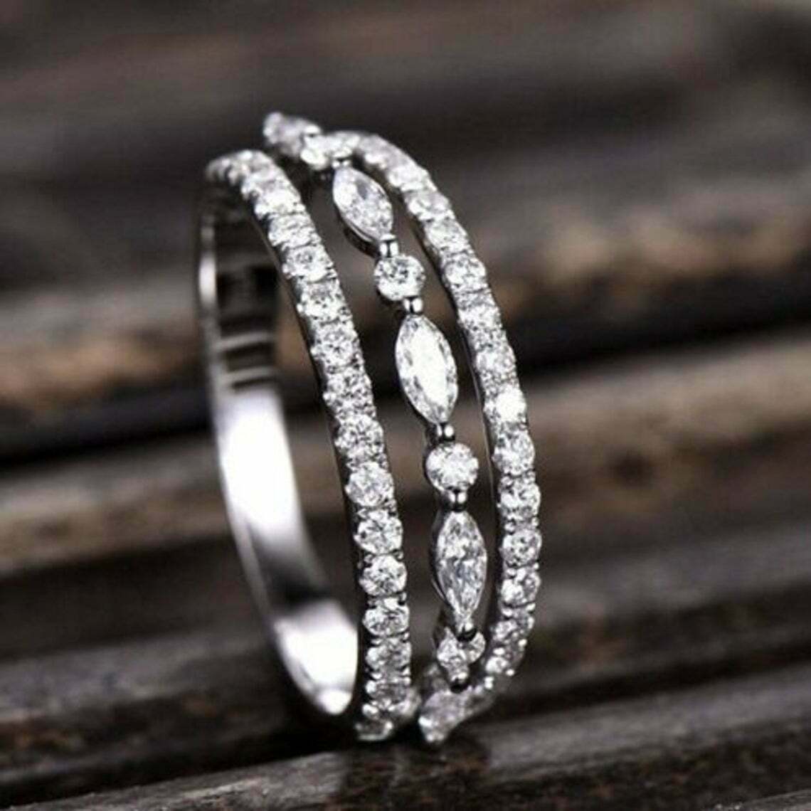 1.20 Ct Marquise & Round Cut Diamond 925 Sterling Silver Three Row Wedding Bridal Band Ring