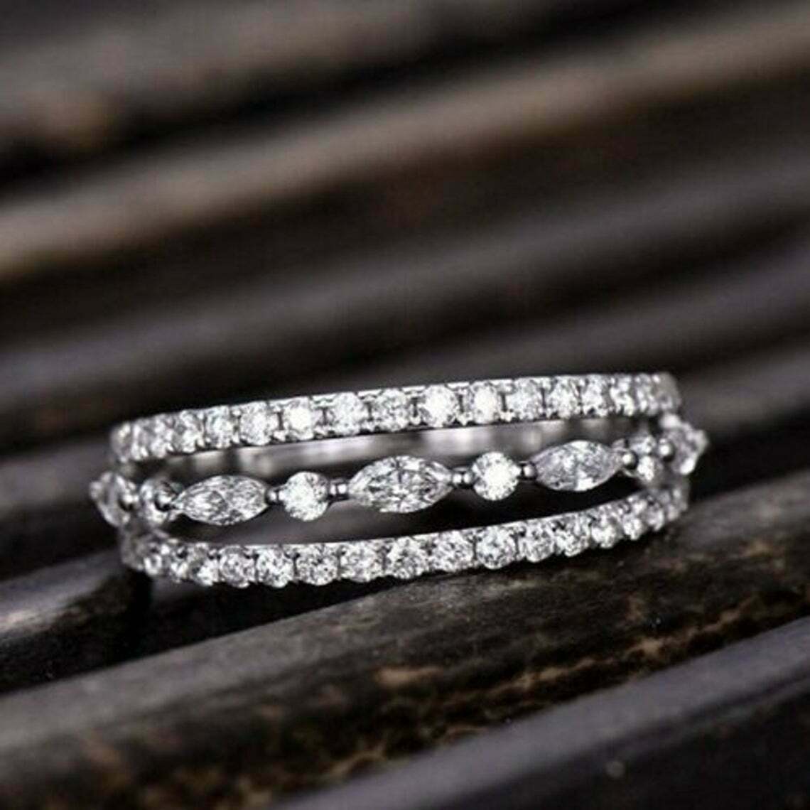 1.20 Ct Marquise & Round Cut Diamond 925 Sterling Silver Three Row Wedding Bridal Band Ring