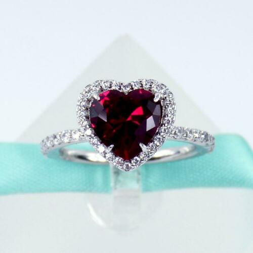 Valentine Gift 2 Ct Heart Cut Red Garnet Halo Engagement Ring 925 Sterling Sliver