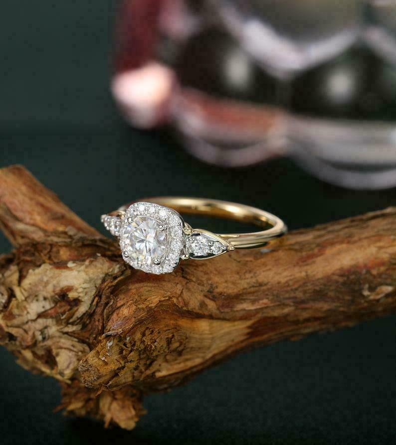 Ct 14K Yellow Gold Over On 925 Sterling Silver Engagement Wedding Halo Ring