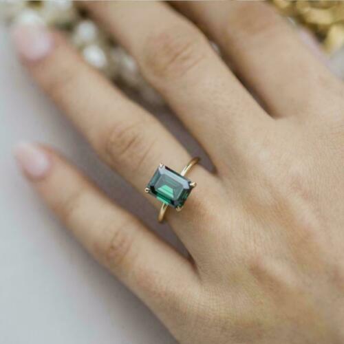 2.75 Ct Emerald Cut Green Emerald Diamond 14K Yellow Gold Over On 925 Silver Solitaire Ring