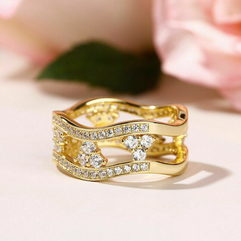 2.75 Ct Round Cut Diamond Yellow Gold Over On 925 Sterling Silver Wave Double Band Engagement Ring