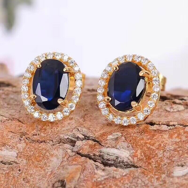 2.25 CT Oval Cut Blue Sapphire 925 Sterling Silver Halo Engagement Stud Earrings