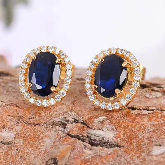 2.25 CT Oval Cut Blue Sapphire 925 Sterling Silver Halo Engagement Stud Earrings