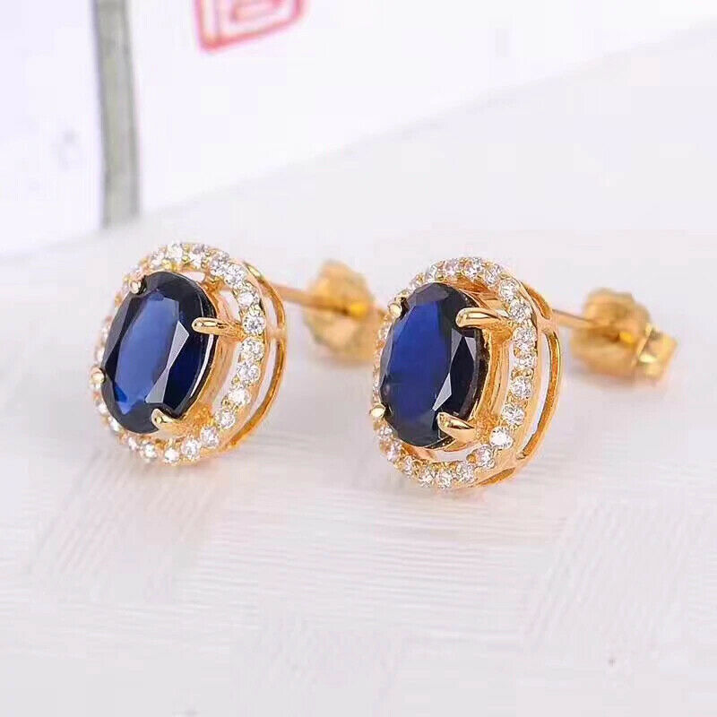 2.25 CT Oval Cut Blue Sapphire 925 Sterling Silver Halo Engagement Stud Earrings