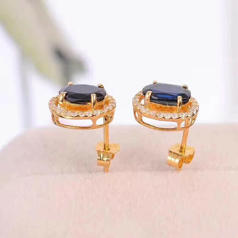 2.25 CT Oval Cut Blue Sapphire 925 Sterling Silver Halo Engagement Stud Earrings