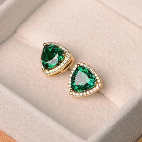 2 Ct Trillion Cut Green Emerald Yellow Gold Plated On 925 Sterling Silver Halo Earrings
