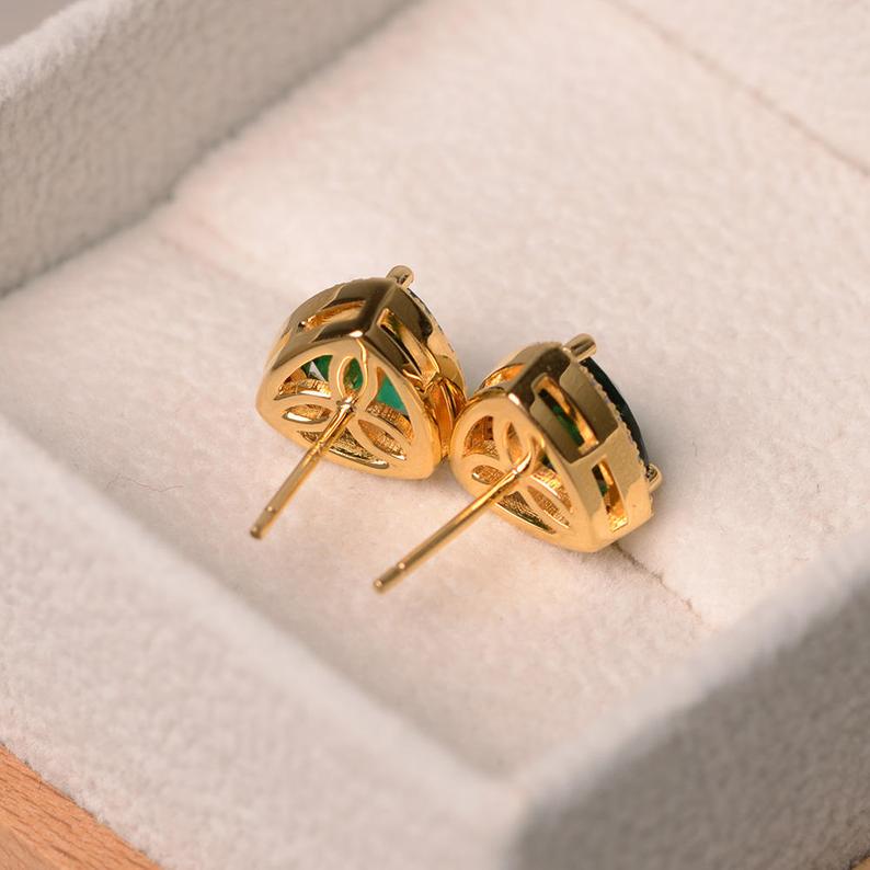 2 Ct Trillion Cut Green Emerald Yellow Gold Plated On 925 Sterling Silver Halo Earrings